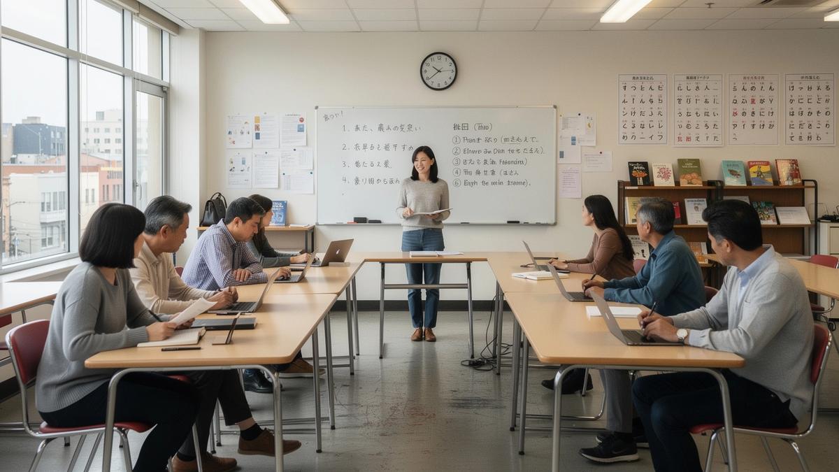 日本語学校の明るい教室で対面グループ授業が行われている様子