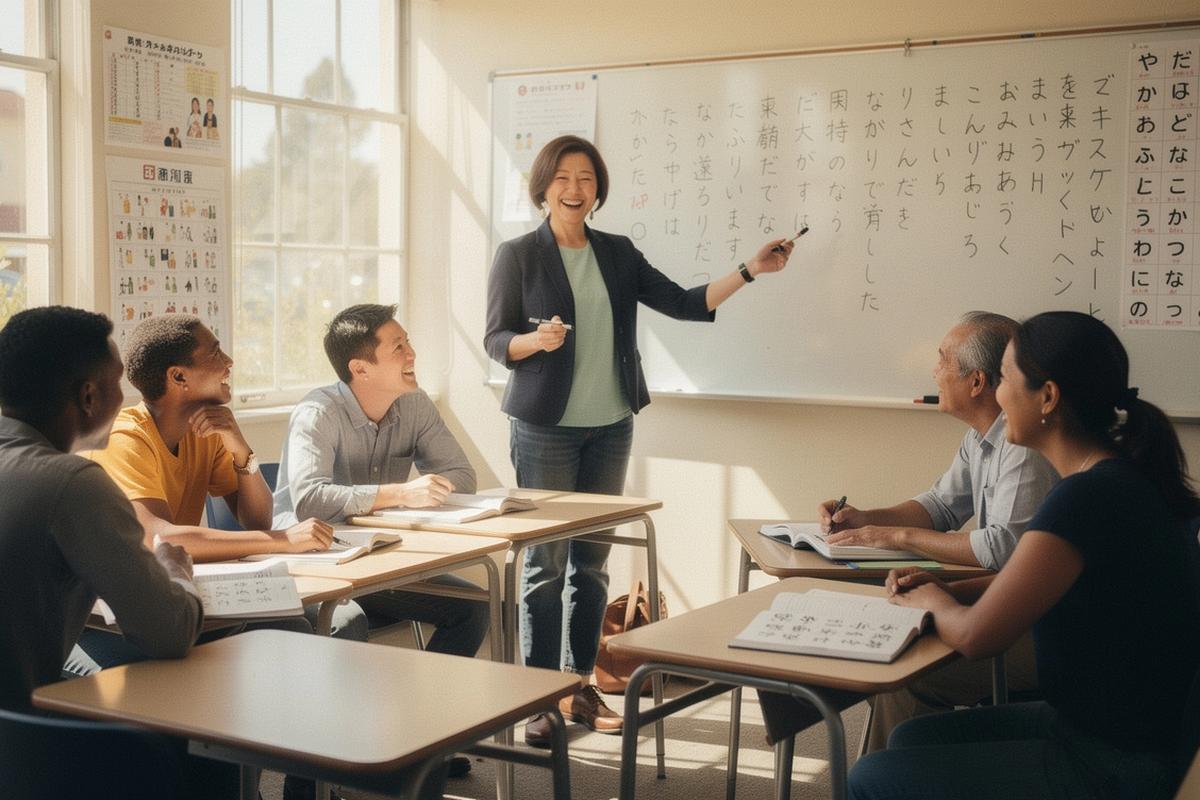 少人数の日本語クラスで講師と受講生が会話練習をしている様子