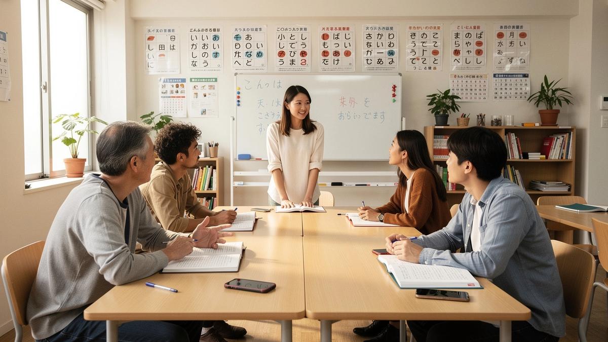 日本語学校の少人数クラスで会話練習をする受講生と講師